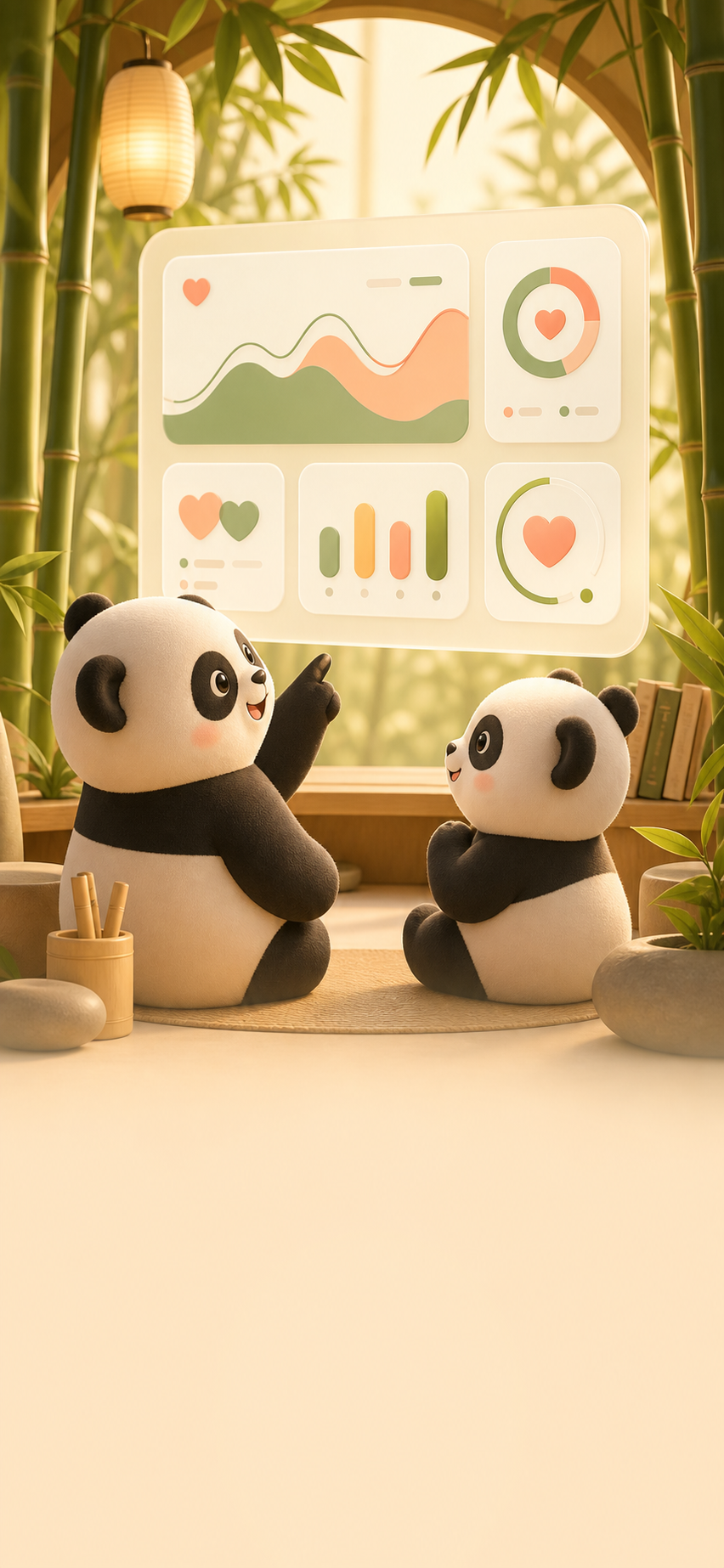 Two pandas looking at their shared couple dashboard together
