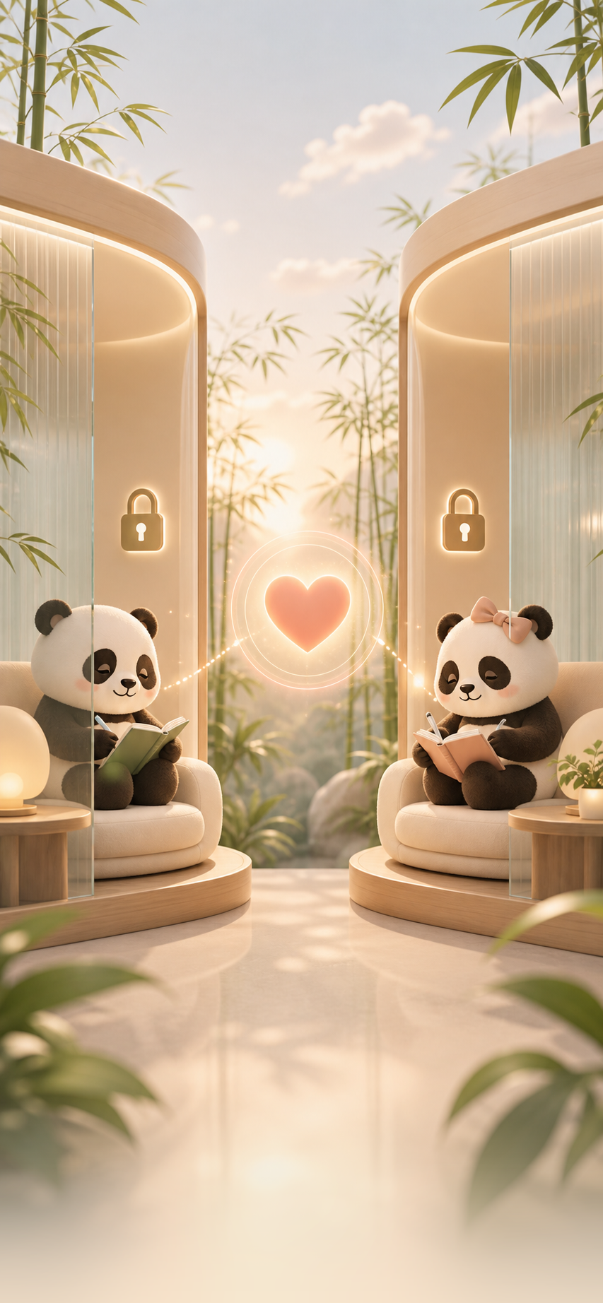 Two pandas answering privately in separate cozy booths