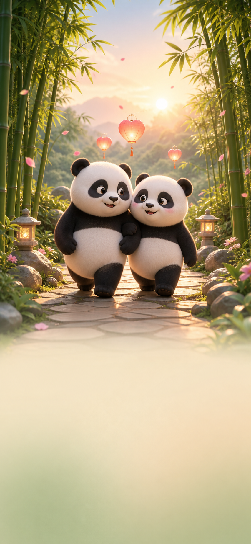 Two pandas walking together through a bamboo path at sunset